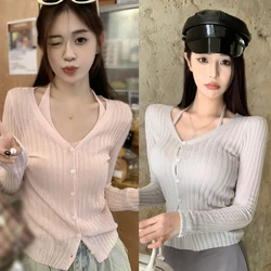 Women's T-shirts Casual Fashion Fake Two Pieces Knitted Long Sleeves Spring Autumn Solid Color Top