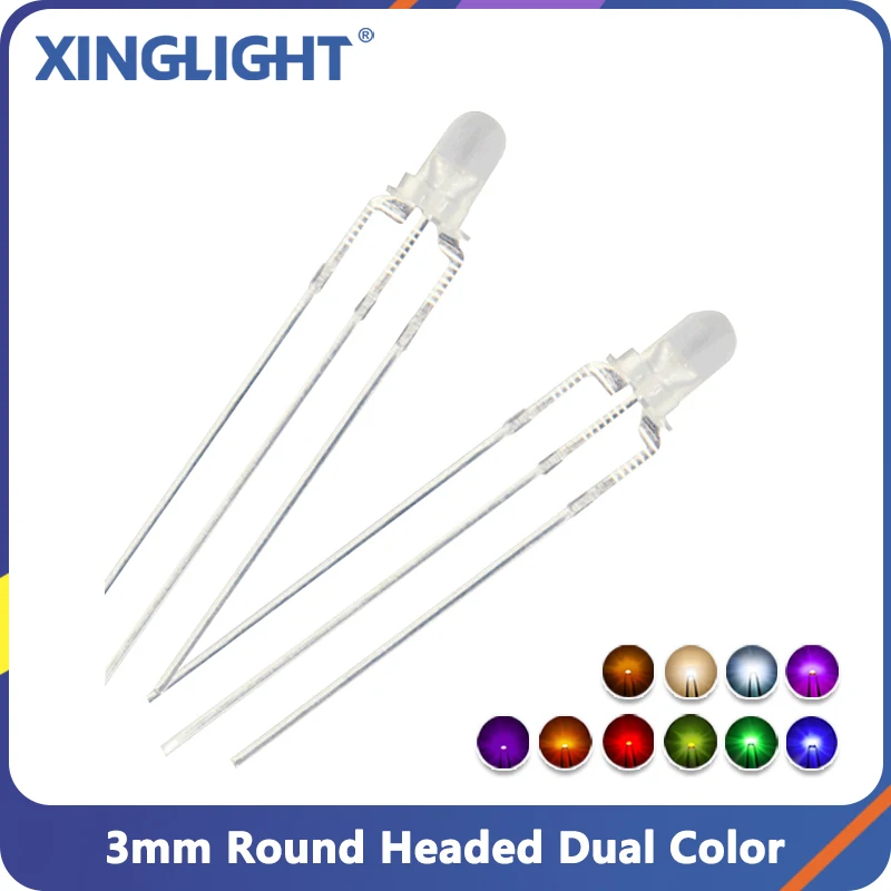 100pcs F3/3mm Round Dual Color Fog Three Pins Red Green Blue DIP Light-emitting Diode