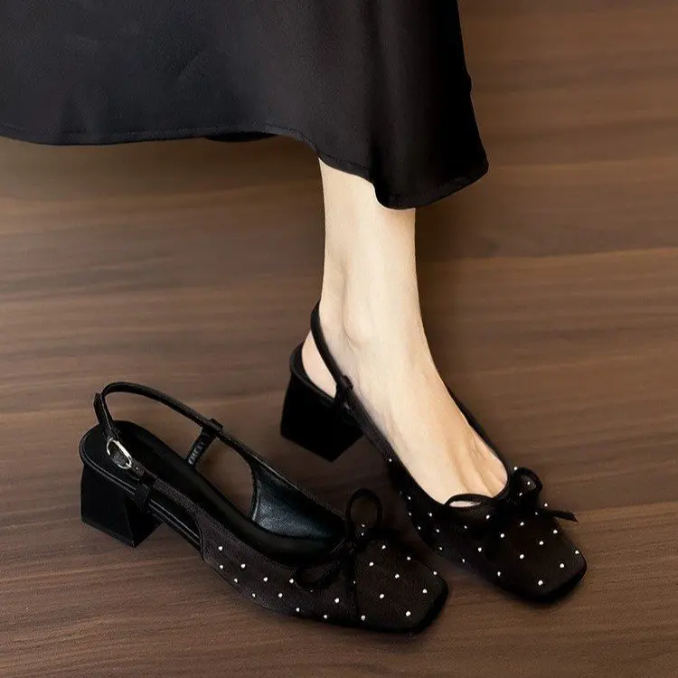 

Butterfly Knot One Strap Head Cover Sandals Women's Fashionable Versatile Thick Heel Square Head Mary Janes Single