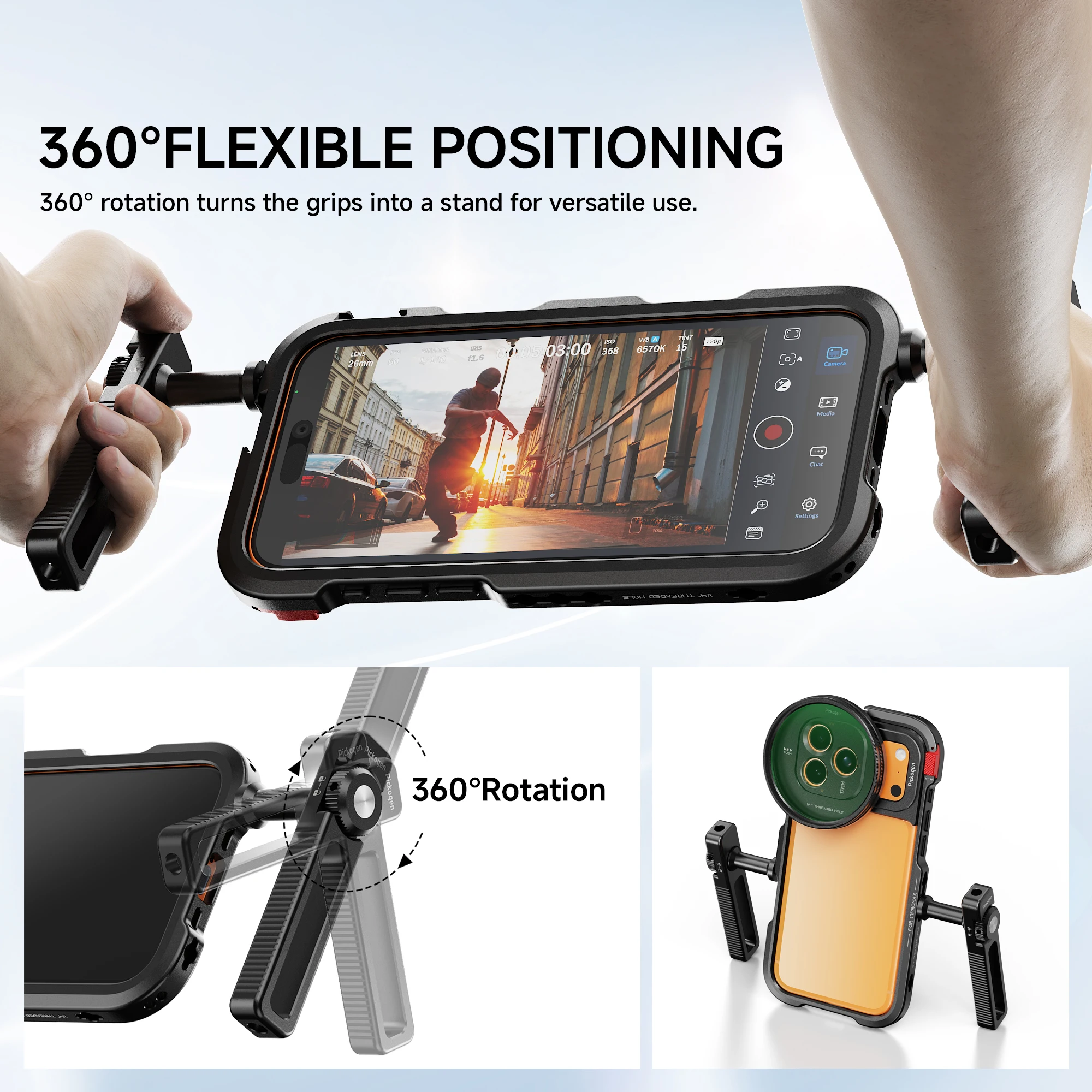 PICKOGEN Handy-Videokäfig-Set für iPhone 17 Pro / Pro Max, doppelte drehbare Griffe, 17-mm-Objektivhalterung, 67-mm-Filteradapter – Detail 3