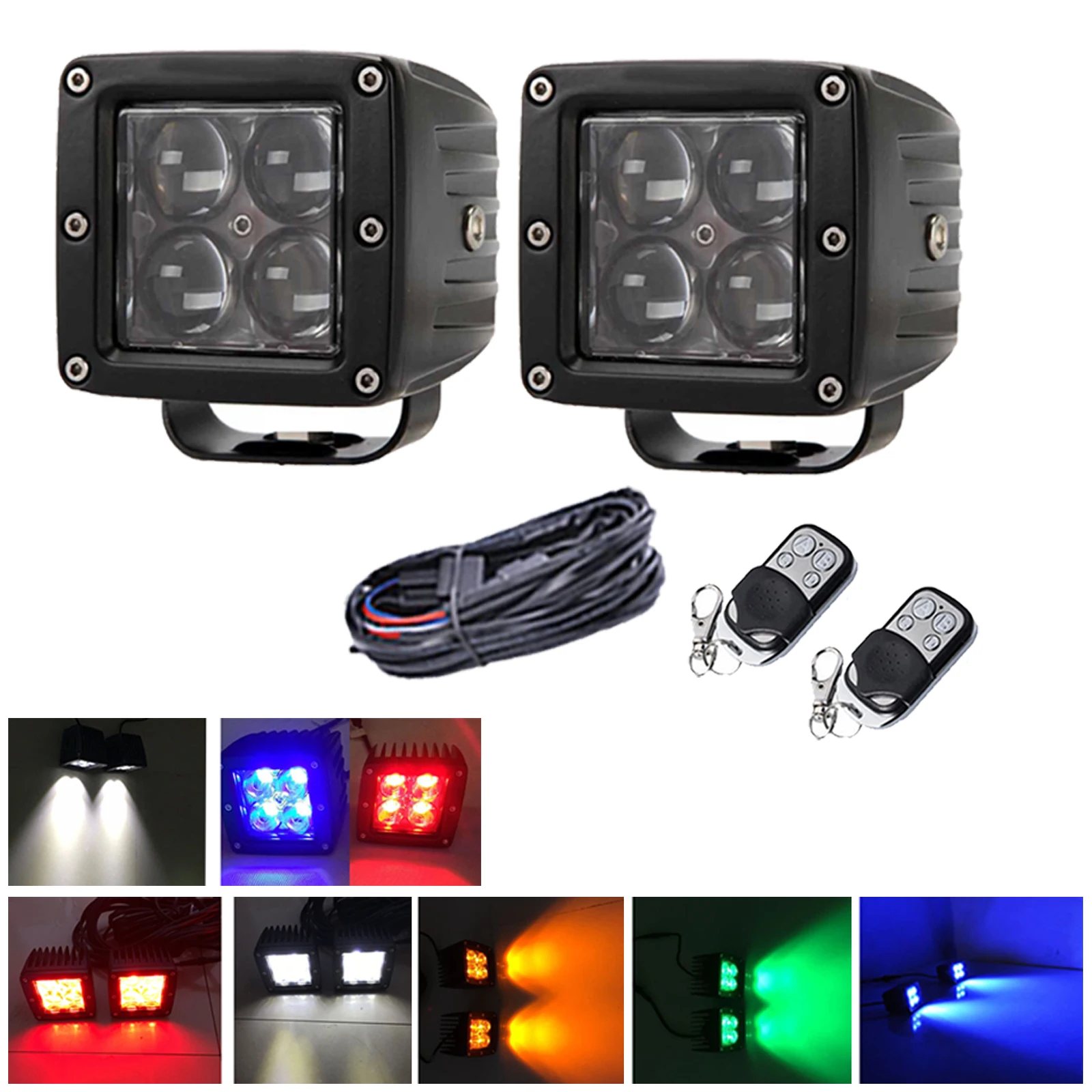 2pcs 3inch 4D LED Cube Light Bar Dual Colors Change Strobeflash w/ Memory Modes Offroad Fog Driving Lamp 12V 24V & Wiring Kits