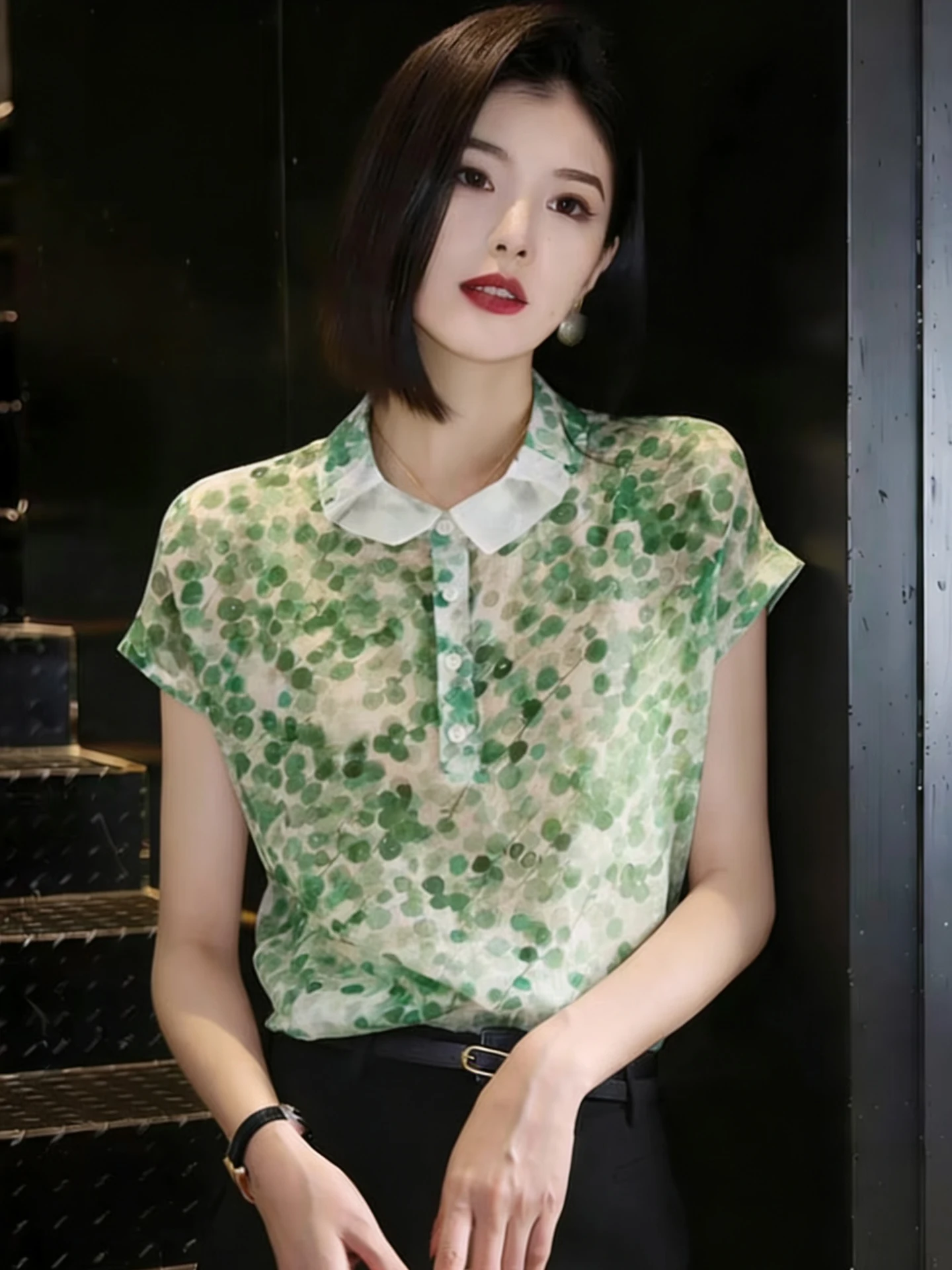 

Fashionable Korean Style Printed Shirt Short Sleeve Women's Top Elegant Unique Design Spring Summer Casual Wear