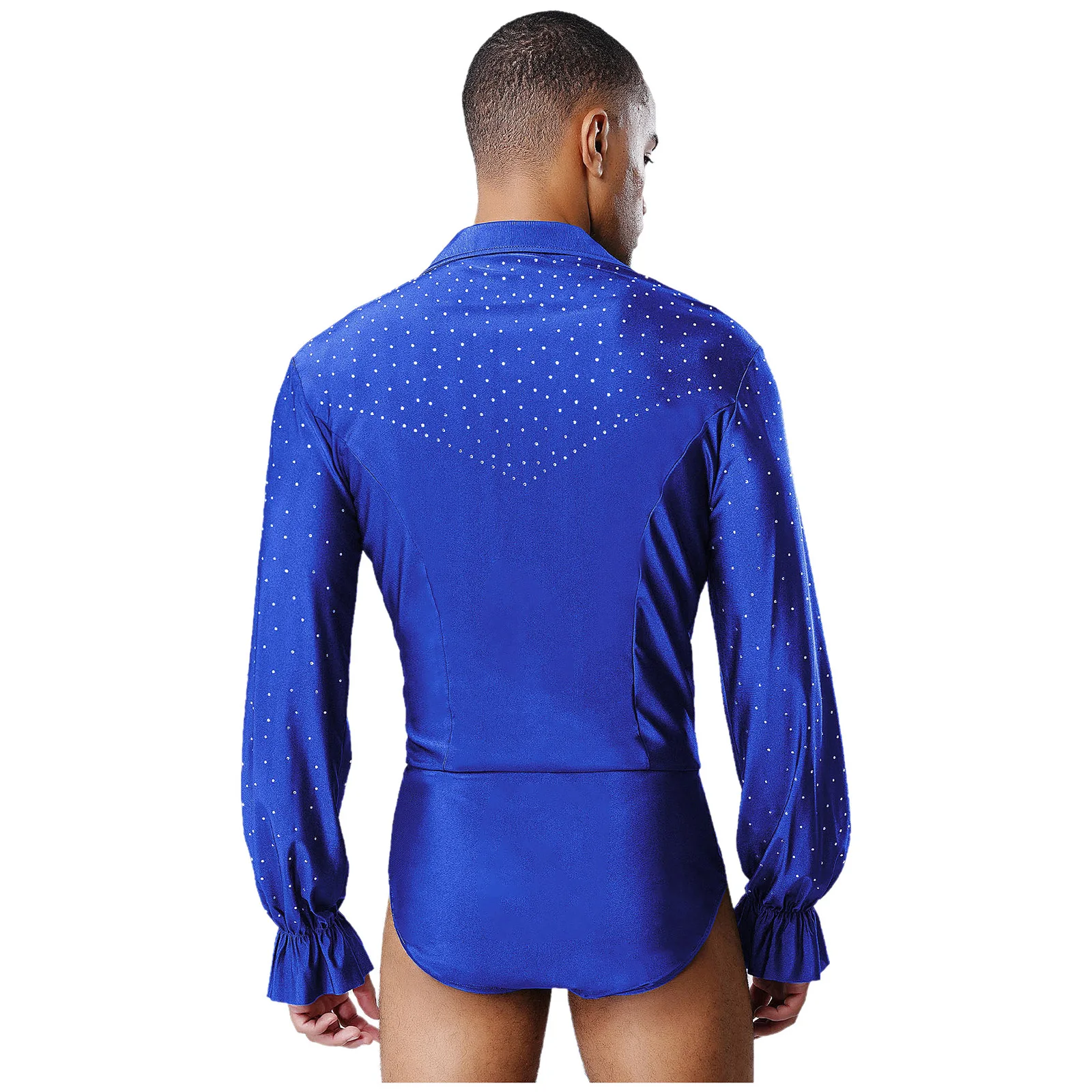 Mens Latin Jazz Dance Leotard Deep V Neck Long Sleeve Glitter Rhinestones Open Crotch Bodysuit for Ballet Dance Prince Dancewear