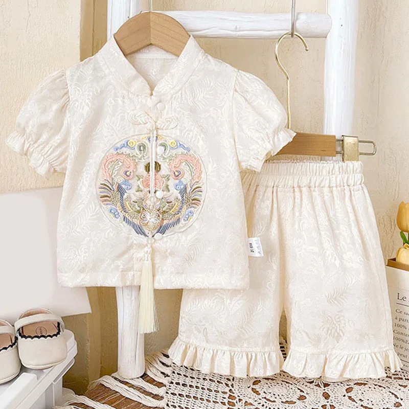 

2025 Summmer Newborn Girls Clothes Chinese Style Fashion Embroidery White Cartoon Cute Short Sleeve Tops+Shorts Baby's Sets B126