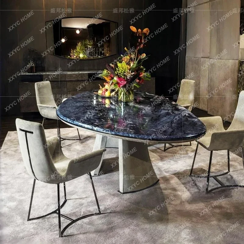 

A Light luxury 1marble oval dining table restaurant dinner high-end solid wood stainless steel dining table and chairs