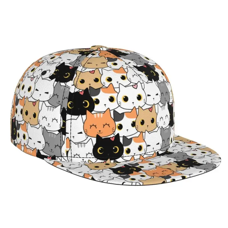 Kawaii Cat Faces Snapback Hat Flat Bill Hat Cartoon Kitten Graphic Baseball Caps Unisex Adjustable Flat Brim Hip Hop Sun Cap