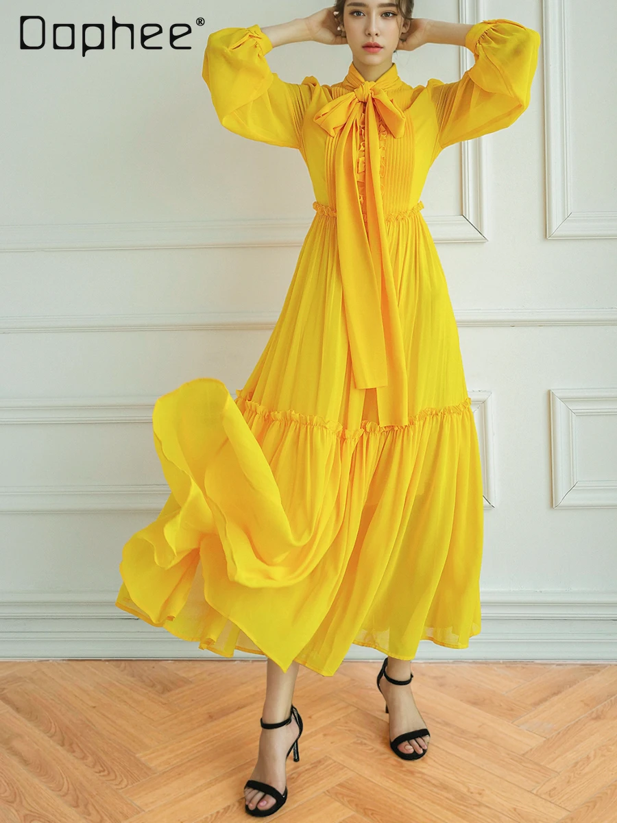 فستان أصفر فاخر فاتح راقي للنساء على طراز خرافي أنيق بأكمام طويلة وقصة ضيقة فستان متوسط الطول فساتين سهرة اجتماعية #4