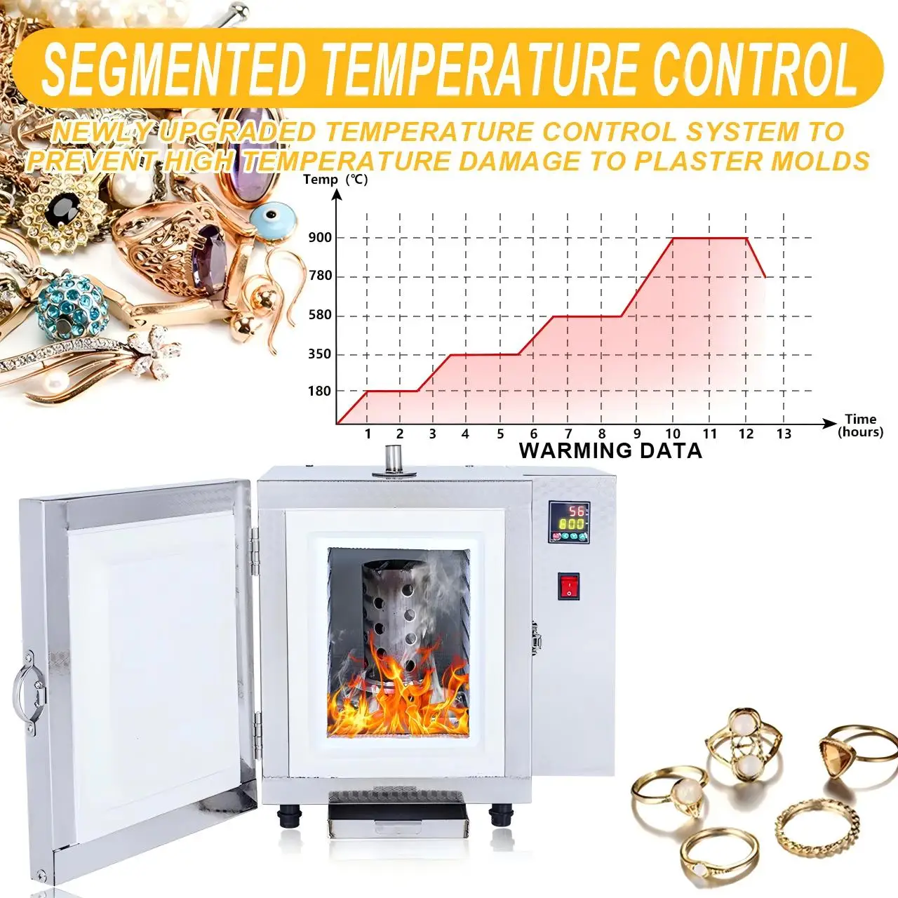 110V 900°C Jewelry Casting Burnout Furnace Metal Casting Machine With Segmented Temp Control 1500W Lost Wax Casting Kiln Oven for Gold & Silver Metal Melting Furnace