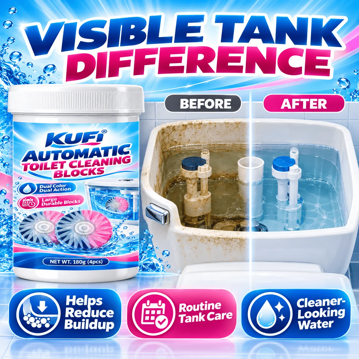 New Dual Color Toilet Tank Cleaner, 180g 4Pcs Large Drop-in Blocks, Auto Clean, Reduce Water Stains Yellowing Buildup