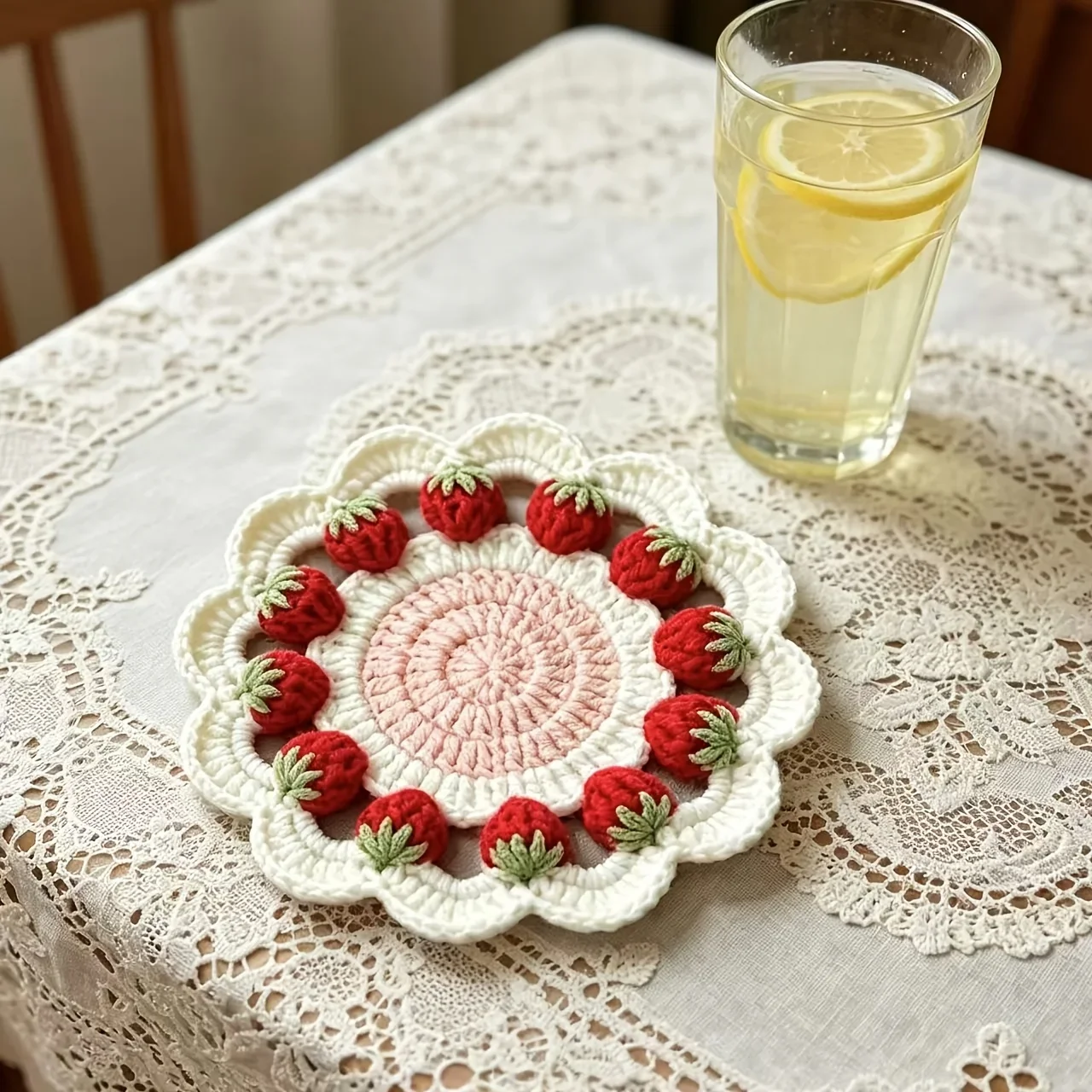 1Pc Handmade Strawberry Crochet Coasters for Protecting Tableware - an Elegant Decoration And Safeguard for Your Table