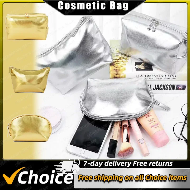 3pcs Gold Silver Large Capacity Soft Leather Women Makeup Bag Waterproof Portable Item Storage Bag Multi Functional Storage Bag