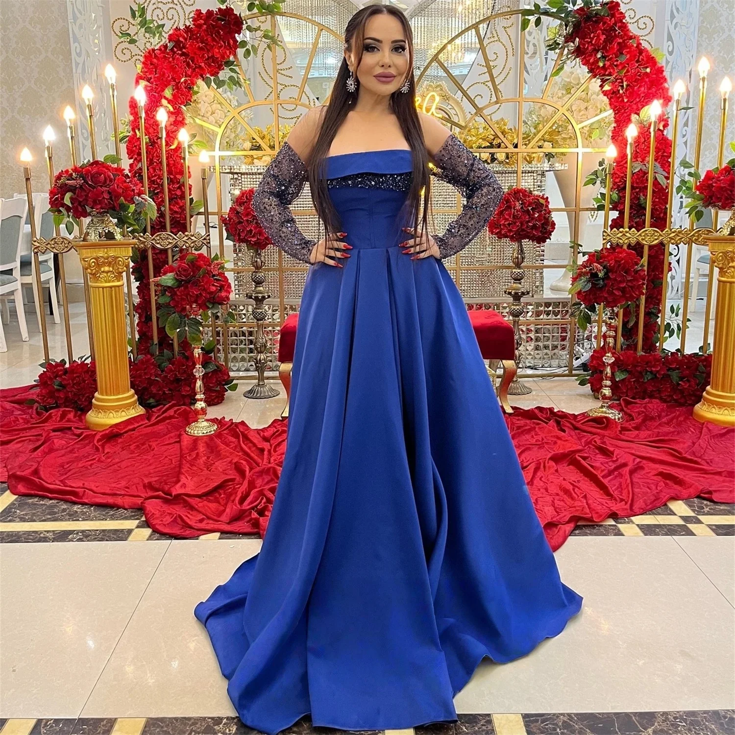 

Royal Blue Pearls Long Bespoke Occasion Gown Evening Dresses Pastrol Unisex Jersey Retro Dubai Saudi Arabic Prom Customized