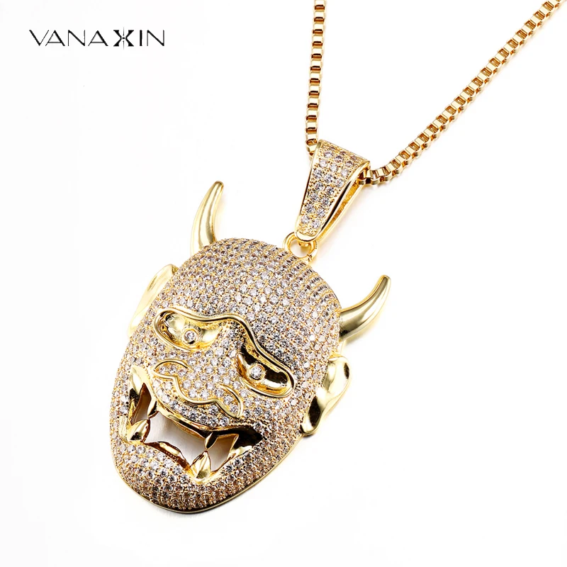 VANAXIN Hip Hop Demon Ghost Mask Pendant for Men  Japanese Oni Samurai Necklace Iced Out Cubic Zircons Jewelry