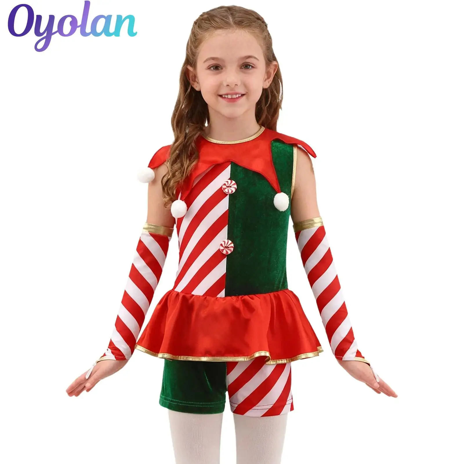 

Boys Girls Christmas Elf Overlay Jumpsuit Candy Cane Cosplay Costume Ruffled Gymnastics Figure Skating Dance Performance Leotard