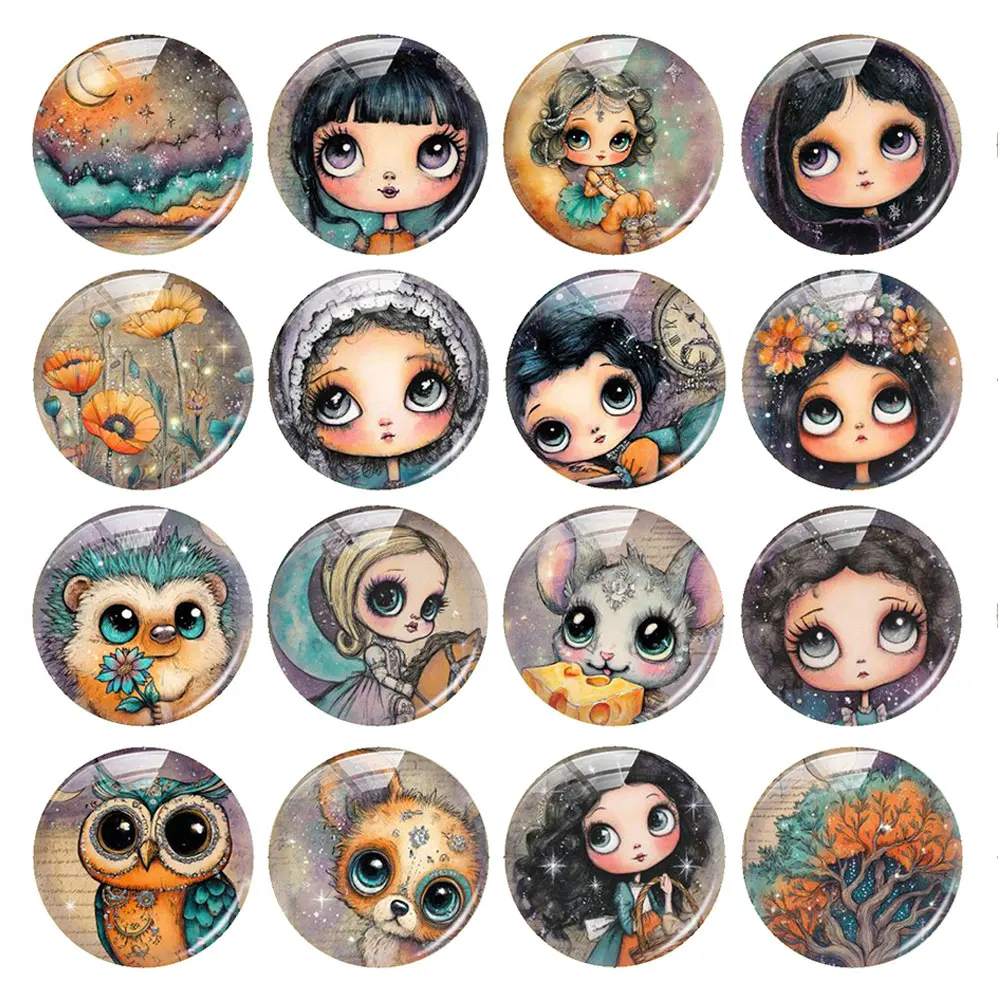 Random Mixed Round/Oval/Square Vintage Big eye Doll Moon Fairy Photo Glass Cabochon Flatback Demo Cameo For Diy Jewelry Making