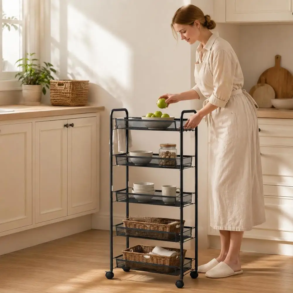 Chariot de rangement à roulettes avec 5 paniers amovibles en acier, Dim. 45L X 26,5L X 106H Cm