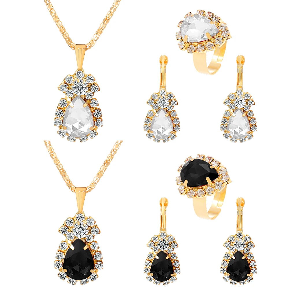 2Pcs Jewelry Sets Teardrop Dangle Earrings Necklace Ring Set Rhinestone Wedding Prom Costume Jewelry