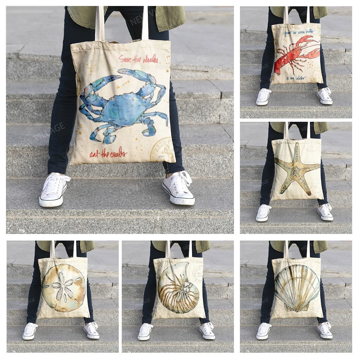 Canvas shoulder bag organization storage handbag cosmetics travel women's bag shopping fabric bag underwater world style