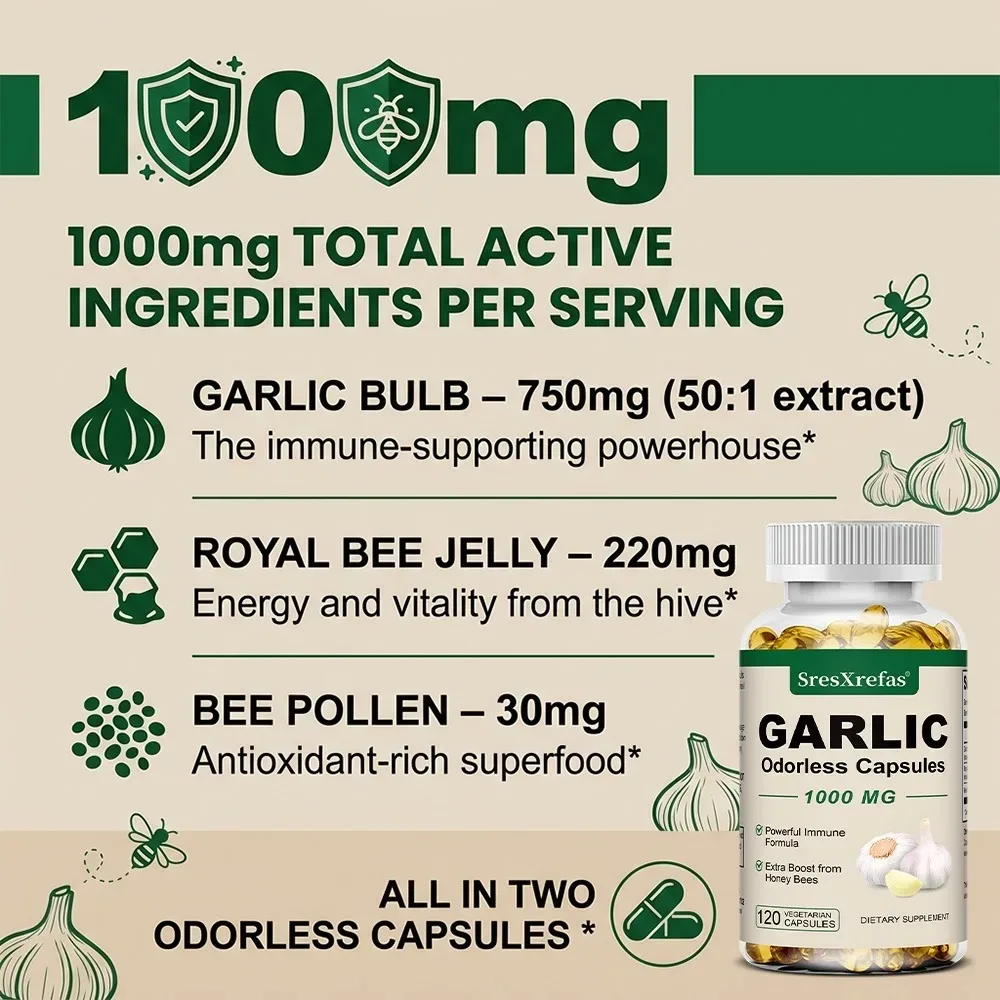 Organic Garlic Capsules with Royal Jelly - Nourishes The Skin, Helps Cardiovascular Health, Immunity, Antioxidant Support