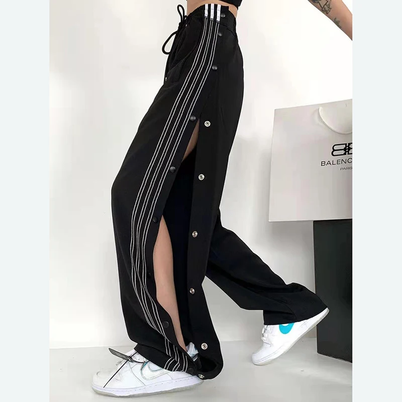 GIDYQ Striped Buttons Slit Wide Leg Pants Women Y2K Streetwear High Waist Straight Trousers Fashion Breasted Loose Sweatpants