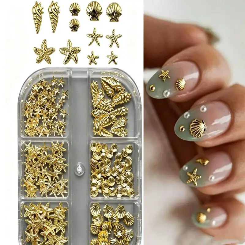 6er-Set Goldene Muschel- und Seestern-Nagelcharms, 3D-Muschel-Nagelkunst-Dekorationen, Sommer-Metall-Nagelstecker, Maniküre-Nagelzubehör – Detail 6