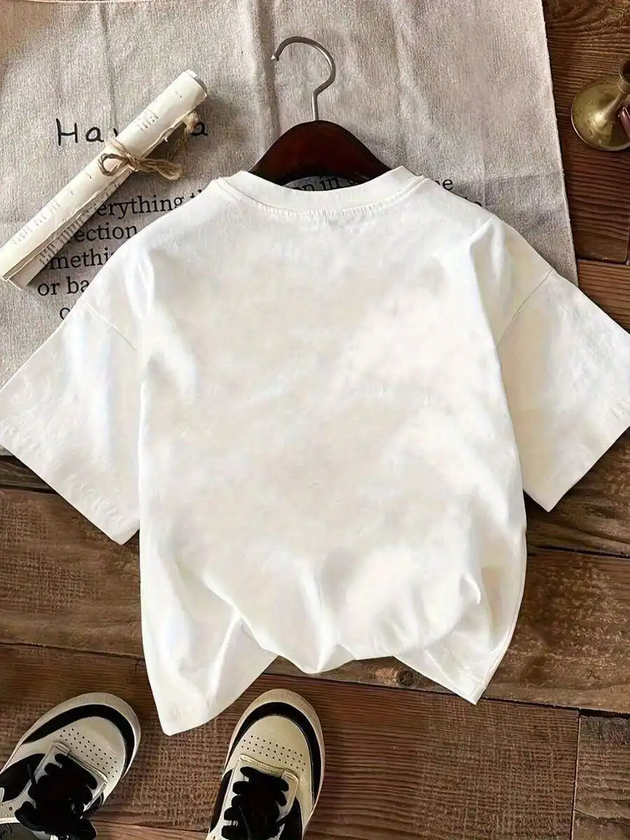 Women's Crew Neck Short Sleeve Casual T‑Shirt Letter Anime Two Fish Striped Background Graphic Print Tee Top