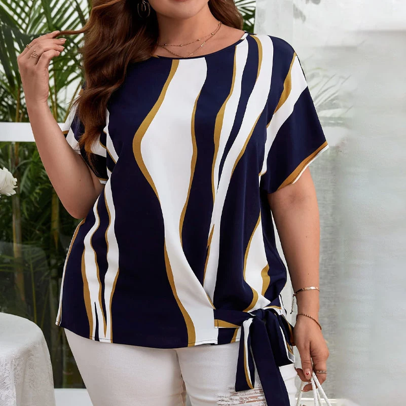 Plus Size Women's Shirts, Striped Printed Short-Sleeved Crew Neck Shirts, Elegant Work Tops with Side Knotted Design image 3