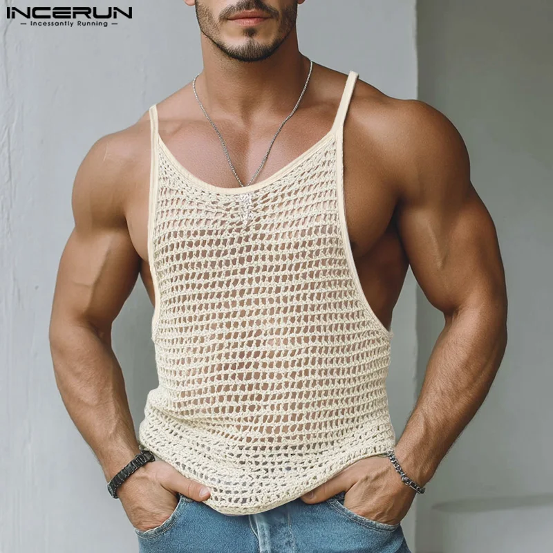 INCERUN Männer Tank Tops Mesh Ärmel Aushöhlen Casual Männlichen Westen Streetwear 2025, Solide Durchsichtig Sommer Sexy Männer Kleidung
