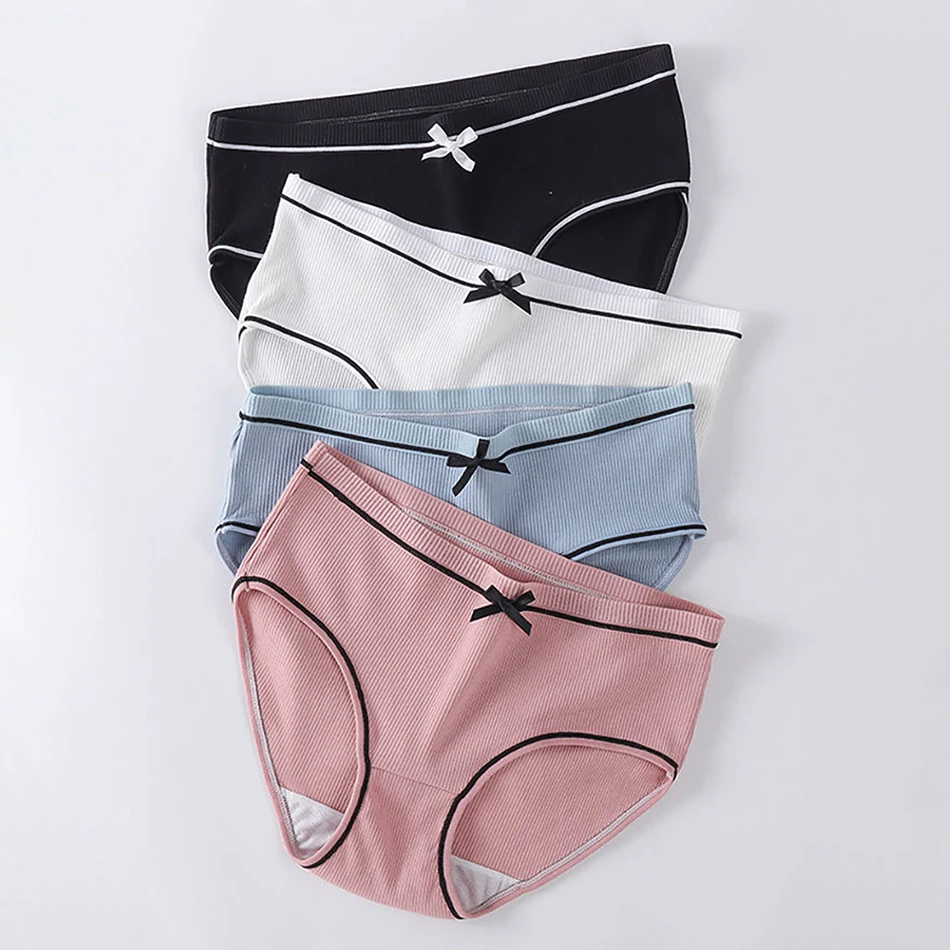 Stylish and Comfortable Women Sexy Mid-Waist Ribbed Panties Four Piece Set Cute and Soft Fashionable Casual Teen Girls Underwear