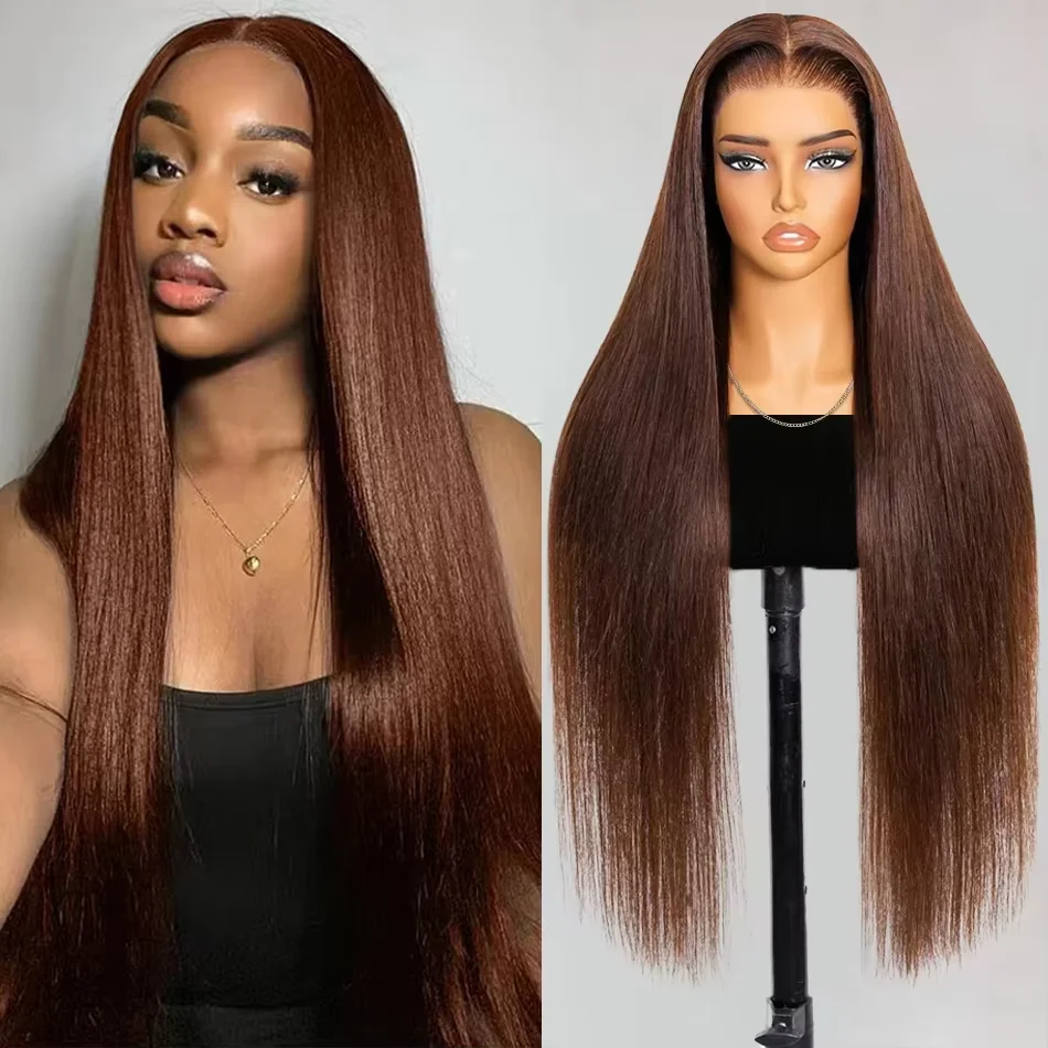 Schokoladenbraune, knochenglatte 13x6 HD Lace Front Perücke, 13x4 Frontal, 30-40 Zoll, luxuriöser, warmer Schokoladenbraun-Ton mit glatter, knochenglatter Textur, Remy Echthaar, vorgezupft, gebleichte