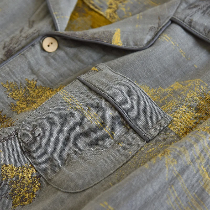 بيجامات رجالية يمكن ارتداؤها خارج ربيع الخريف رقيقة قميص قطني بكم طويل بنطلون ملابس منزلية طقم بيجامة رجالي