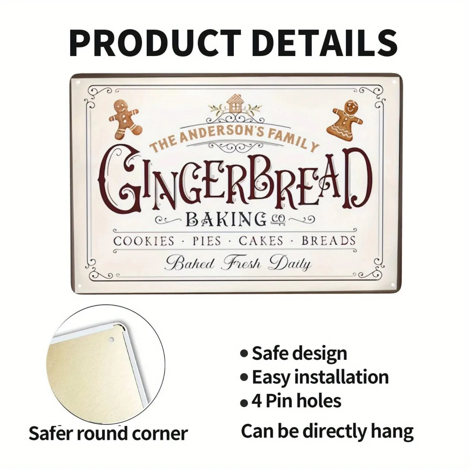 CIFbuy Customizable Xmas Baking Wall Plaque, 2D‑Flat Personalized Gingerbread‑Company Metal Sign 20x30cm Kitchen Home Present Gi