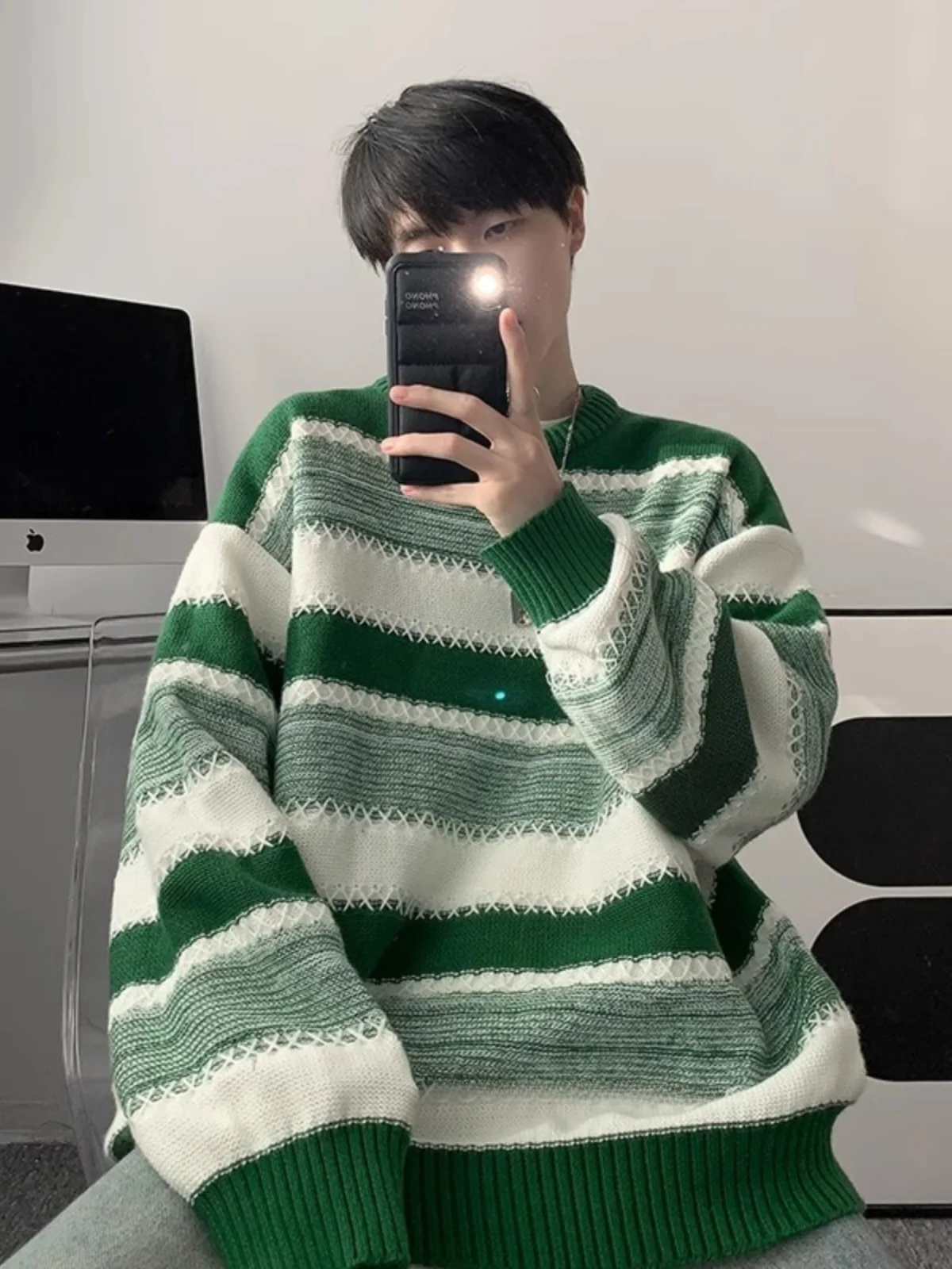 

Loose Fit Korean Sle Men's round Ne Striped Sweater Autumn Winter Casual Wear Polyester Fiber Long Sve Knitted Coat