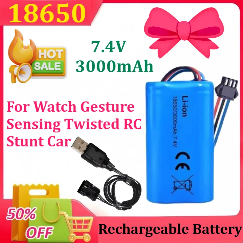 

7.4V 3000mAh Li-ion Battery SM-3P Plug with USB Charger for Watch Gesture Sensing Twisted RC Stunt Car 18650 Battery