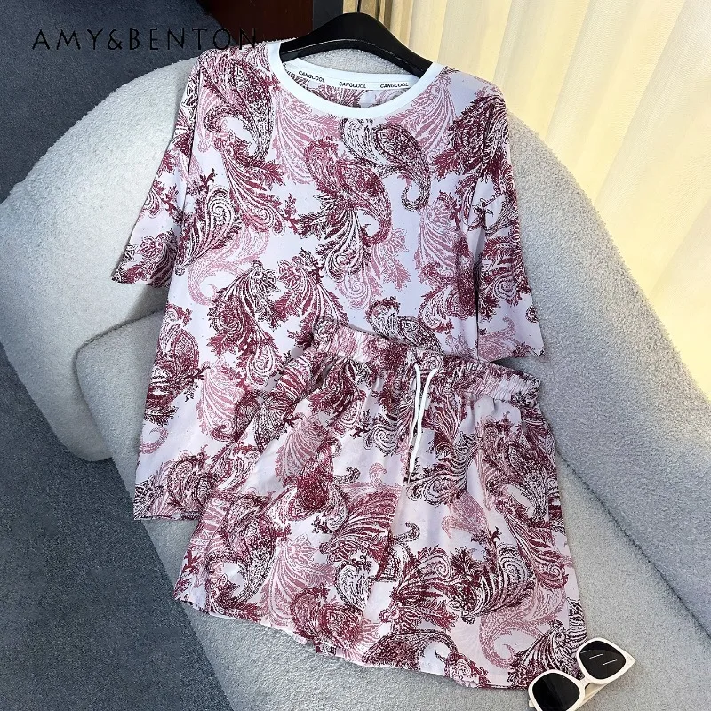 

Popular Diamond Drills Tie-dye Printing Short-sleeved T-shirt Outfits Summer Loose Casual Top + Shorts Two-pieces Sets For Women