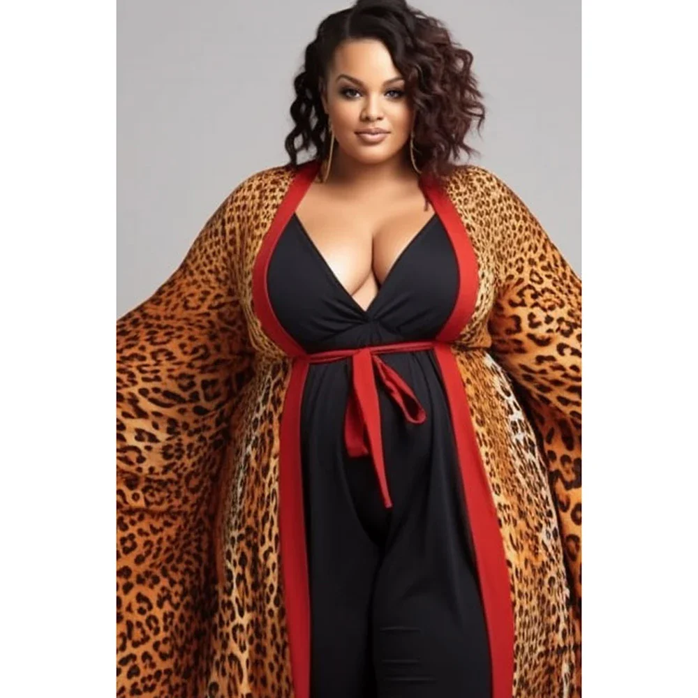 Plus Size Beach Brown Leopard Cardigans Long Sleeve Cover Ups