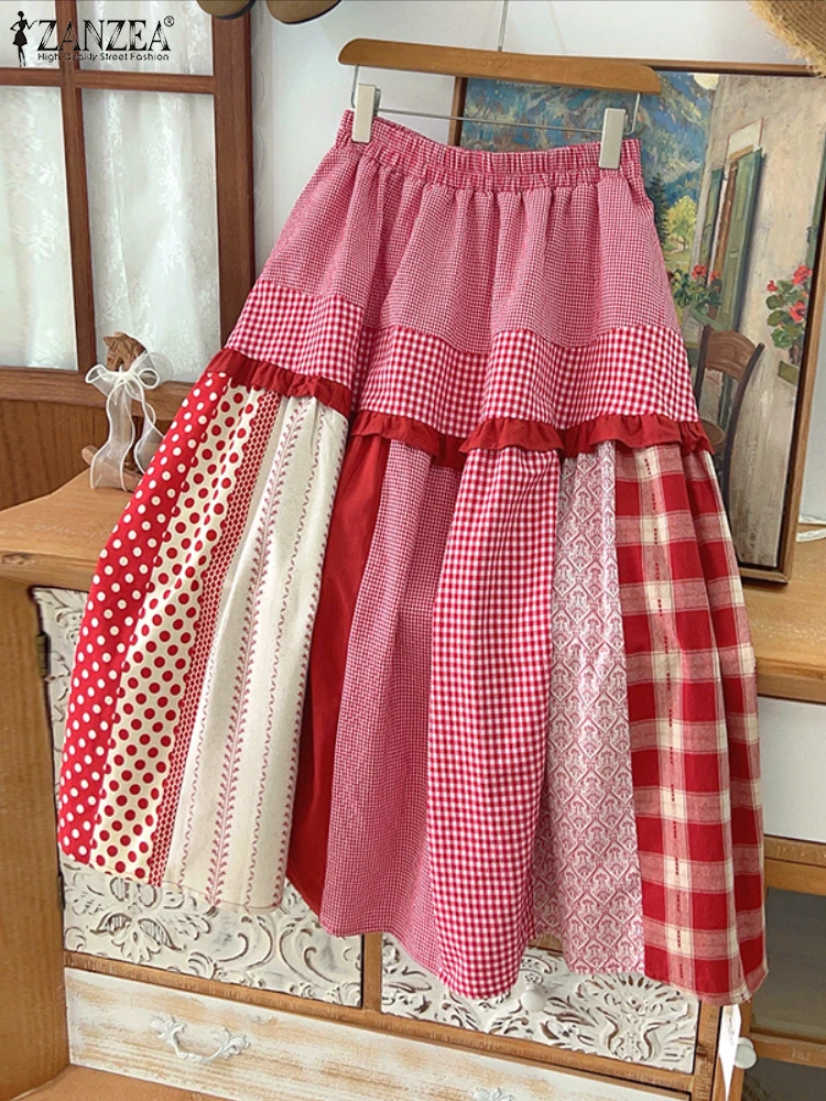 ZANZEA Mori Girl Style A-Line Skirts Womens Gingham Plaid Patchwork Elastic Waist Midi Faldas Mujer 2025 Fall Ruffled Trim Jupes