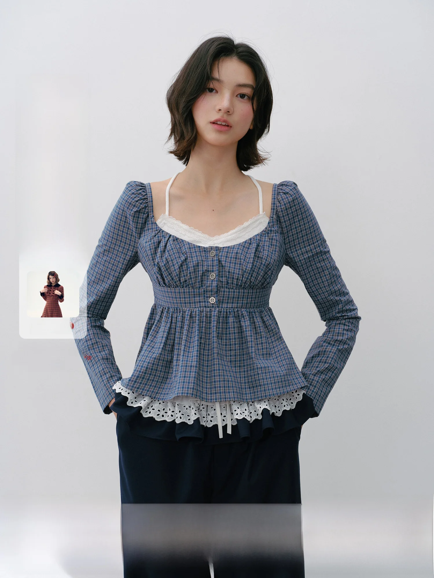 

Женская ретро-рубашка Narratorgirls с завышенной талией, длинными рукавами, в клетку, синяя, из чистого хлопка, дышащая, для весны и осени