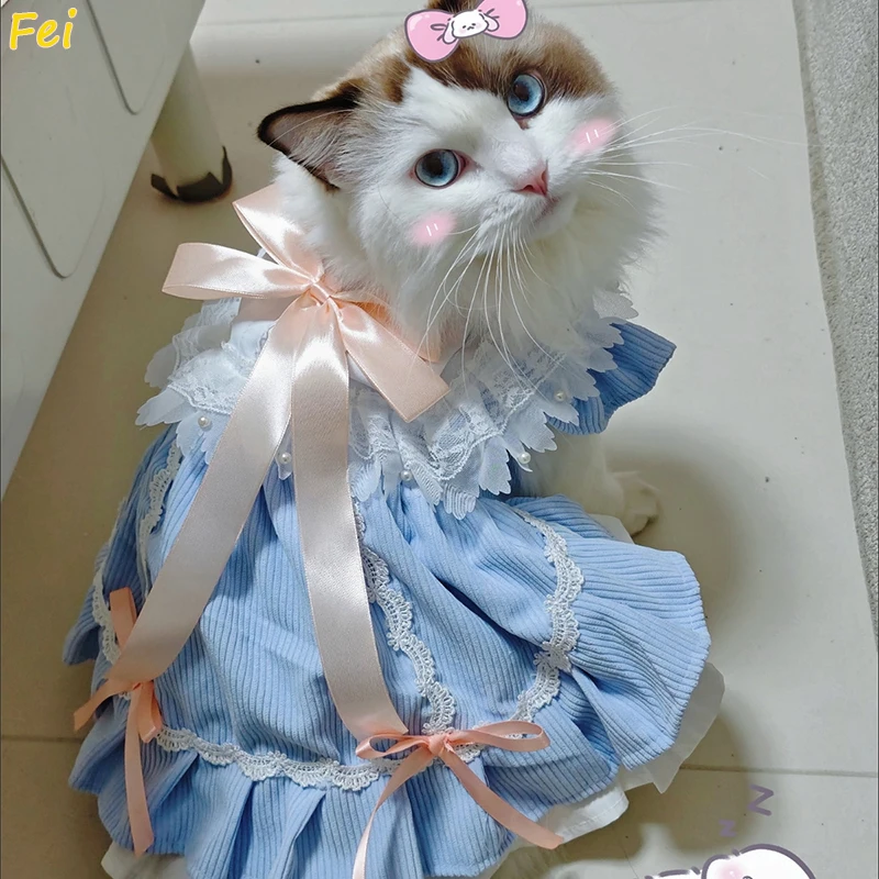 

Elegant Blue Lace Pet Dress, Princess Costume for Dog&Cat, Breathable Apparel Dog Clothes for Pets Dogs Party Photo Shoot Outfit