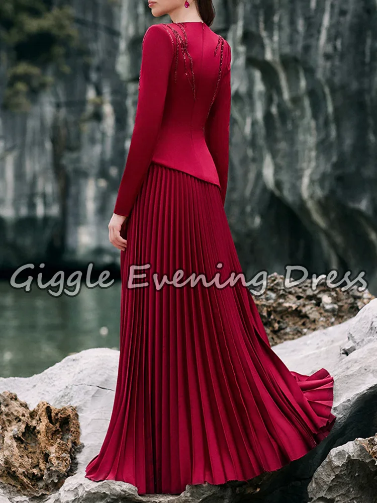 Giggle Luxury Burgundy Evening Dress Long Sleeve Embroidered Beaded Pleated Modest Saudi Arab Formal Gown Party Dress Customized