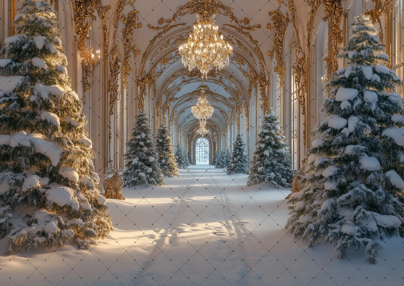 Palace Hall Christmas Photography Backdrop Golden Ornate Corridor Snow Covered Pine Tree Winter Scene Family Studio Photo Shoot