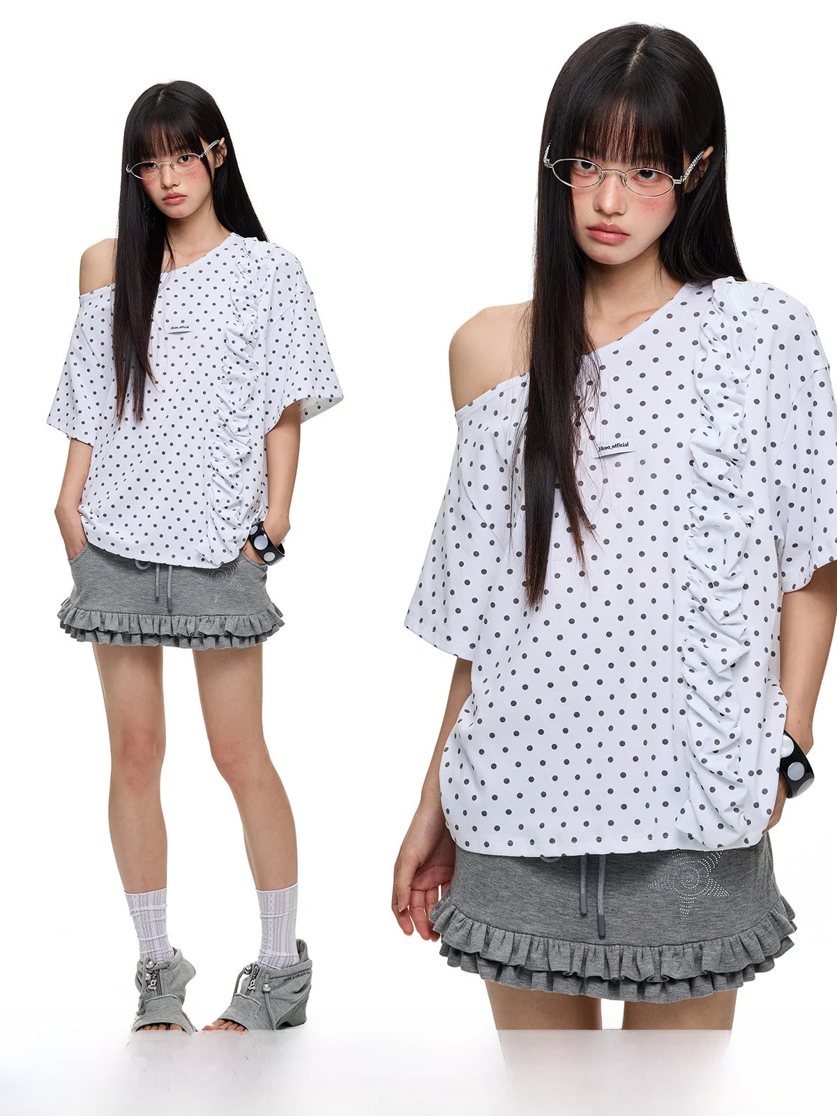 

JIKOO Sugar Coated Milk ort Sve Women's Top Gathered Loose T-irt f Sve Polka Dot Print Casual Sle Summer Wear