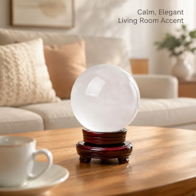 Natural high-quality white crystal ball, with random styles, is a casual crystal that can be used for indoor displays, minimalist living room center decorations, and natural polished crystal ball handicrafts
