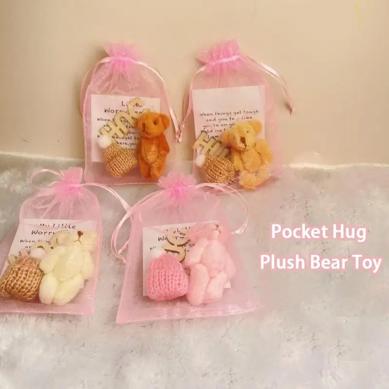 Oso de peluche de abrazo de bolsillo con bolsa de malla, Mini muñeco de oso de peluche positivo con gorro de punto, regalo de cinta rosa de Navidad