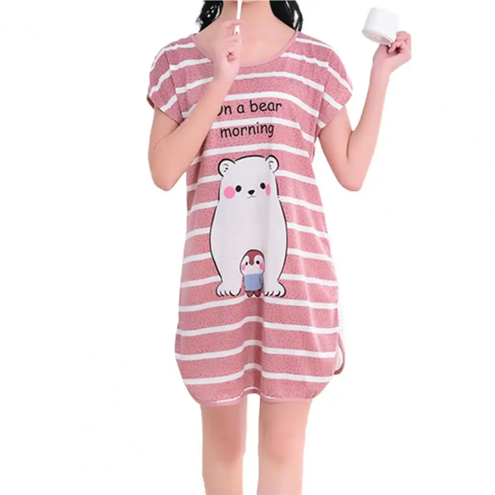 Loose Nightdress Cartoon Pattern Cute Female Round Neck Nighty Dress for Bedroom Sleeping Worn Outside