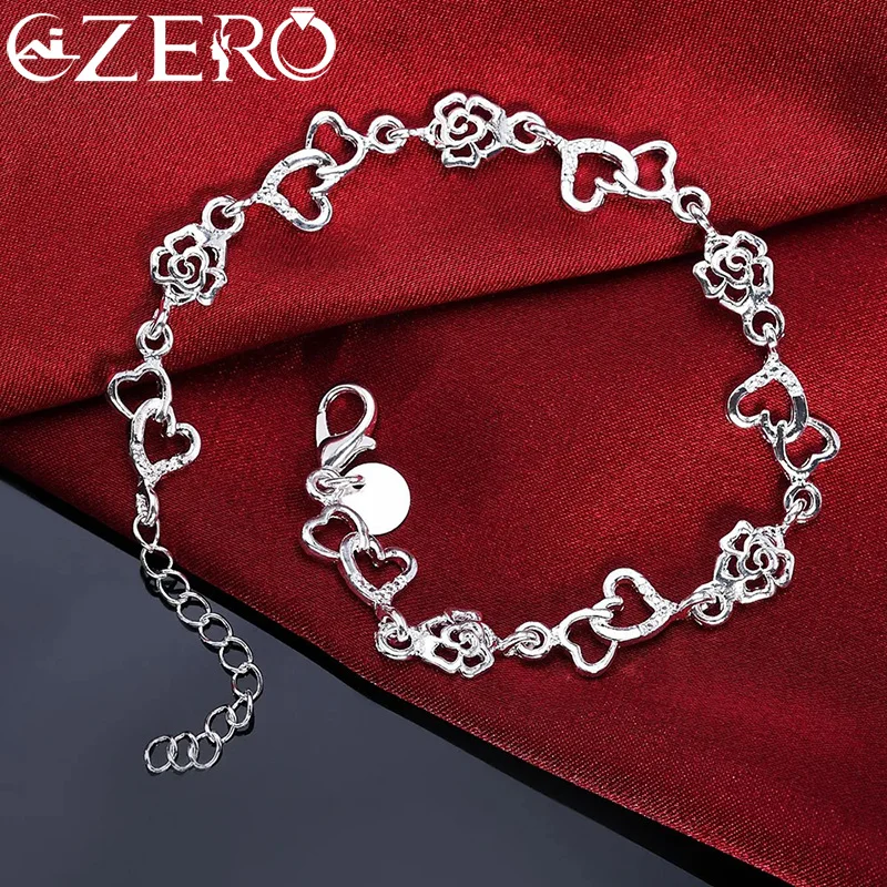 

Beautiful 925 Sterling Silver Bracelet for women bracelet HEART lovely FLOWER chain fashion Wedding Party cute lady nice jewelry