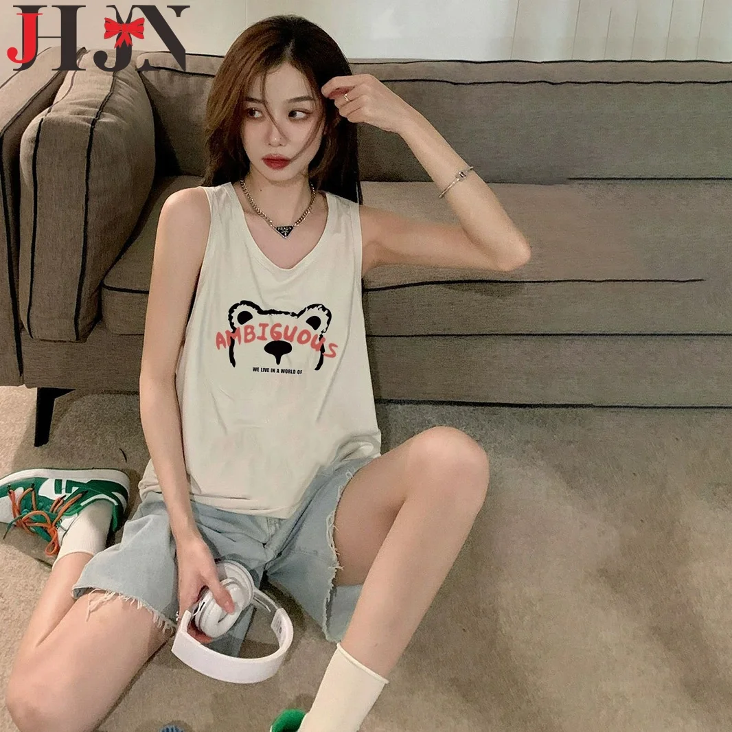 JHJN Women T-Shirts Sleeveless Large Size Loose Tees Cartoon Little Bear Print Tshirt Female Tank Tops Breathable And Cool Vest