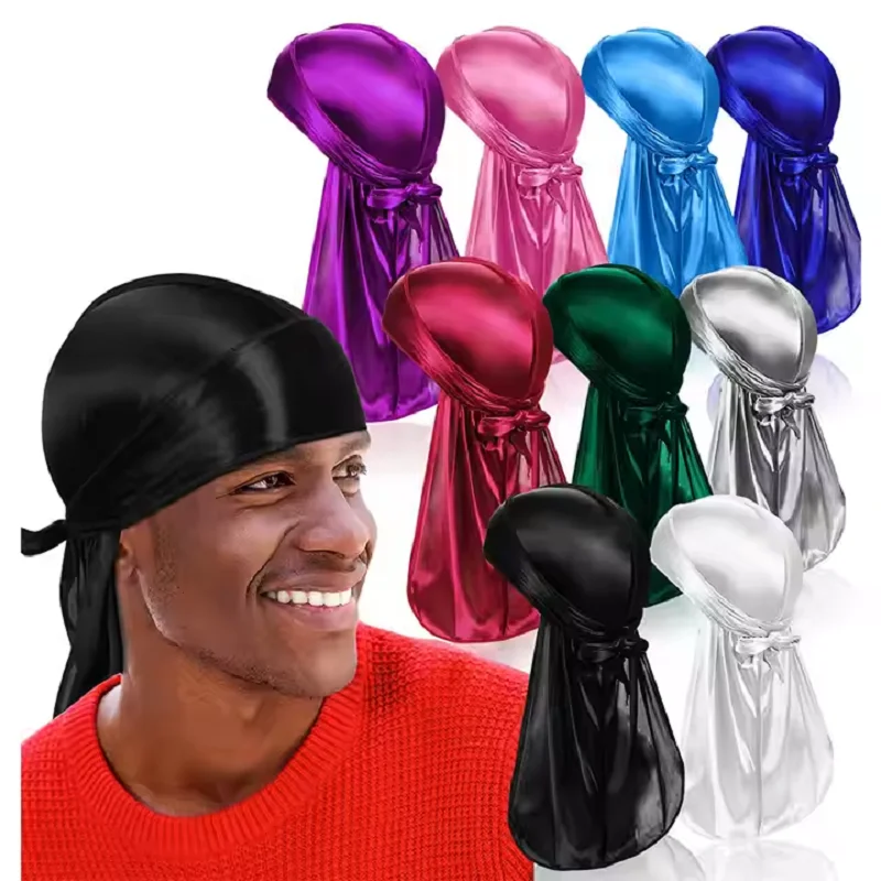 New Solid Color Casual Durag Silky Durag For Men Pirate Hat Chemo Caps Satin Bandana Elastic Turban Cap Cycling Hats