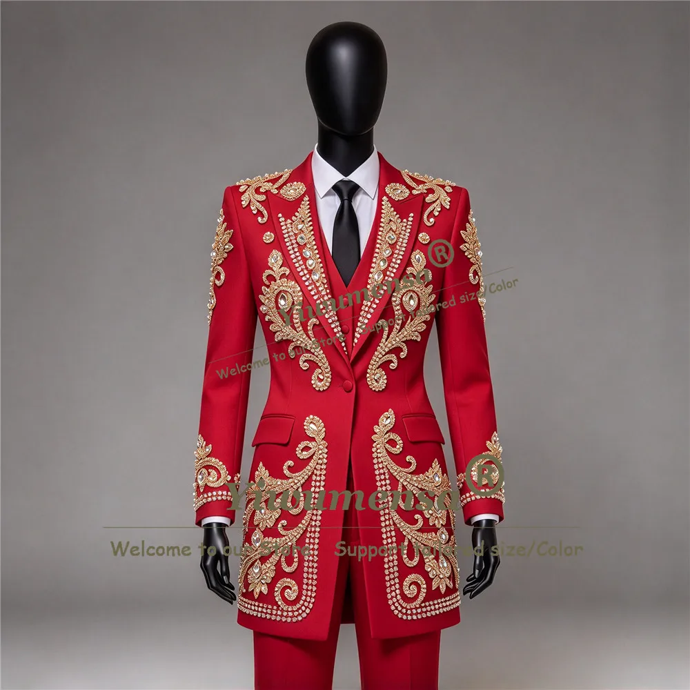 Luxury Groom Bride's Mother Pant Suit For Wedding Gold Beaded Stones Women Prom Blazer Customized 2 Pieces Lady Banquet Outfit