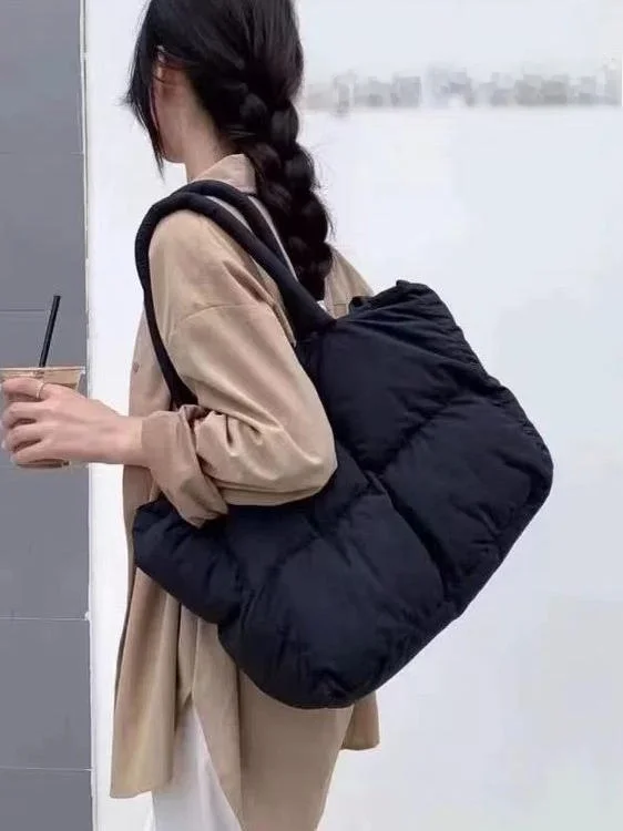 Trendy Women's Large Capacity down Feather Tote Bag Single Shoulder Casual Minimalist Style Soft Nylon Fabric Autumn Winter F...